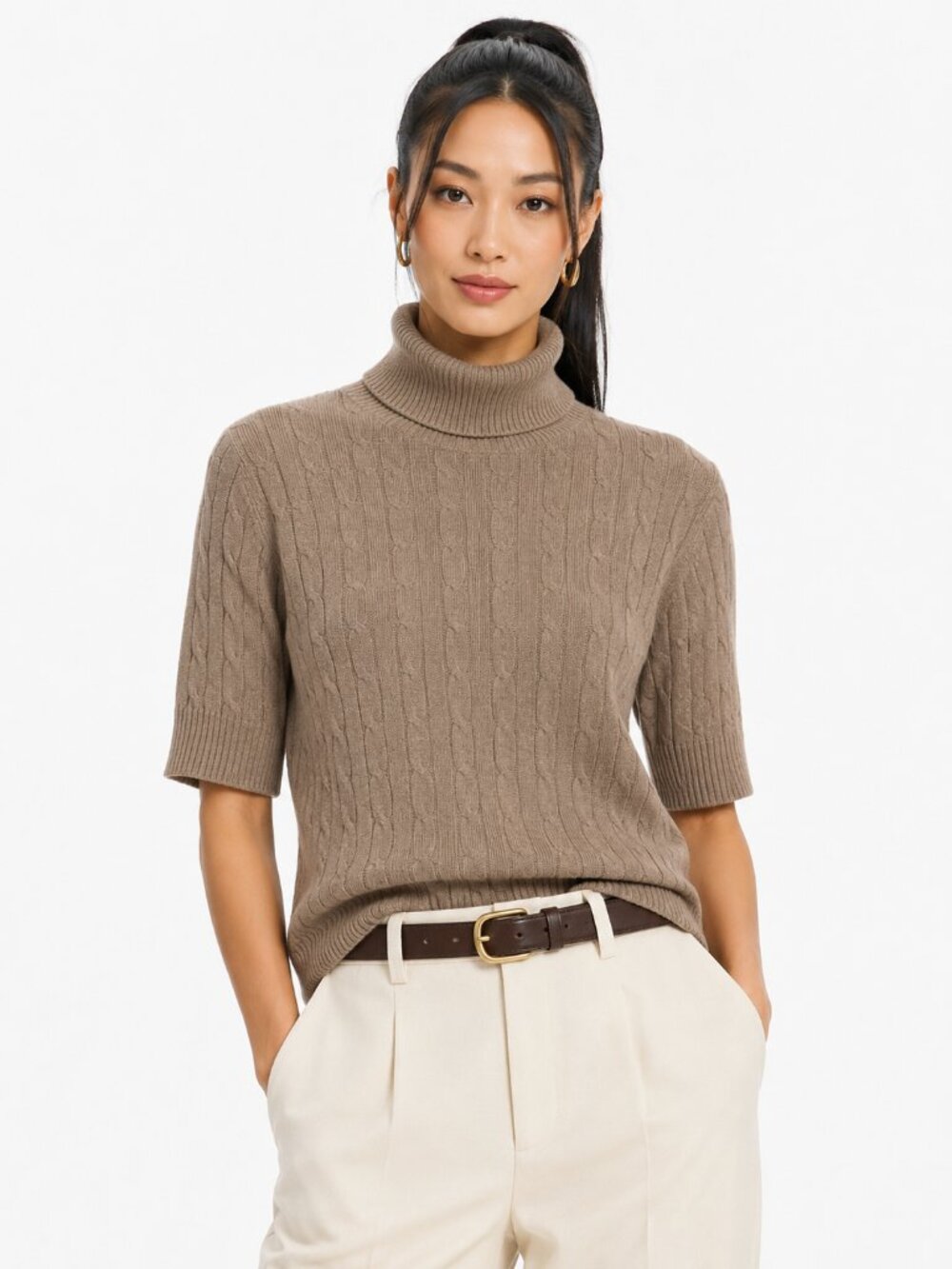Lands' End Taupe Cable Turtleneck Short-Sleeve Sweater